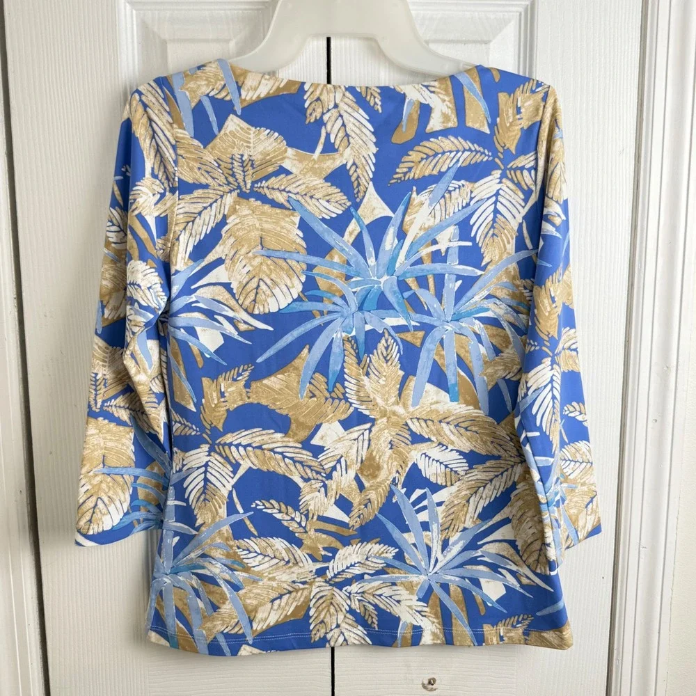 J.McLaughlin Palm‎ Leaf Top XS Blue Tan Preppy Coastal Resort Boatneck